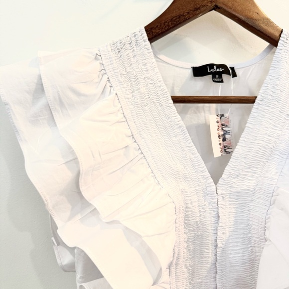 Lulus White Ruffled Hook and Eye Smocked V-Neck Top SMALL - Picture 7 of 15